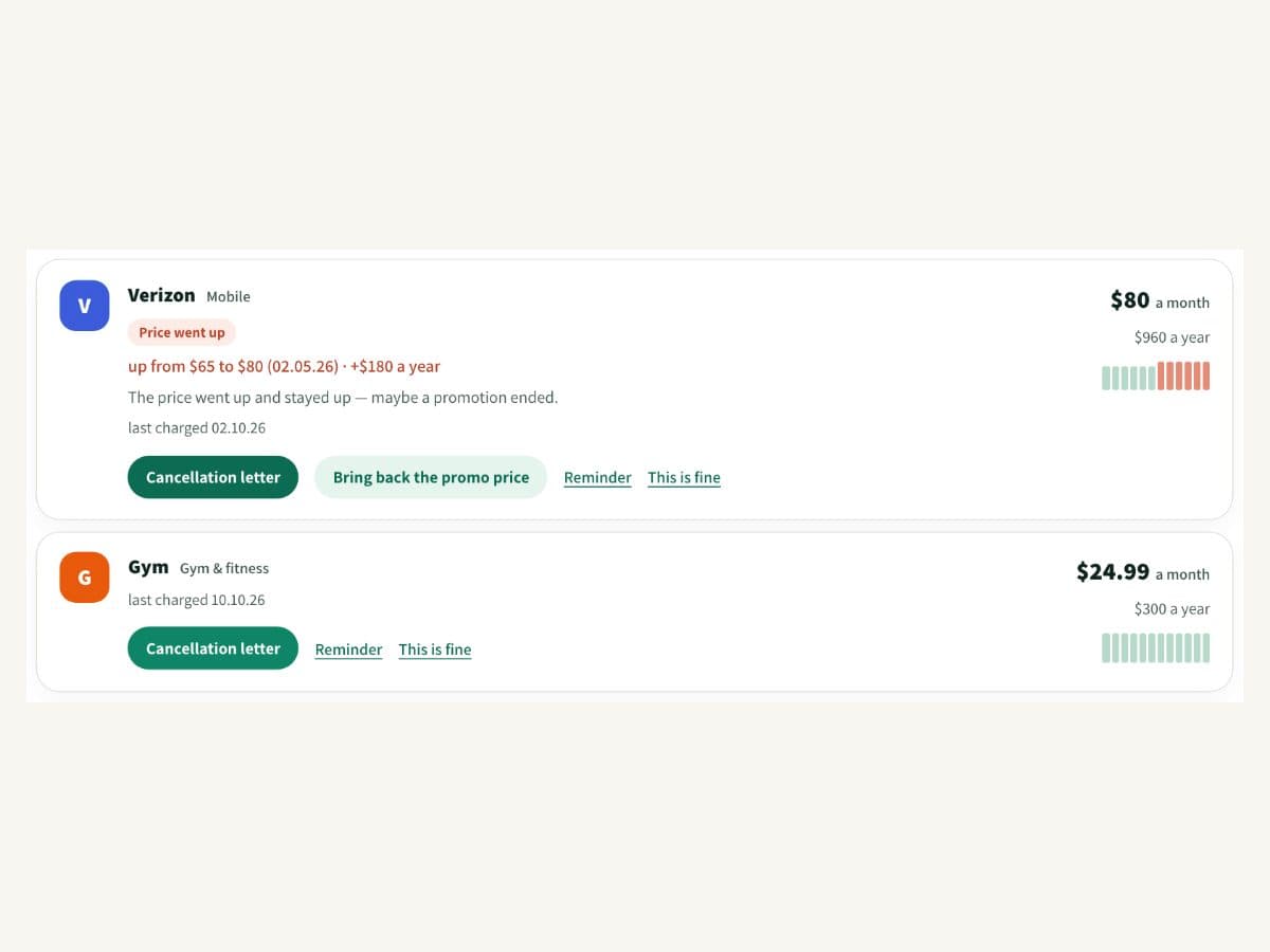 Screenshot: a charge whose price went up, marked in red