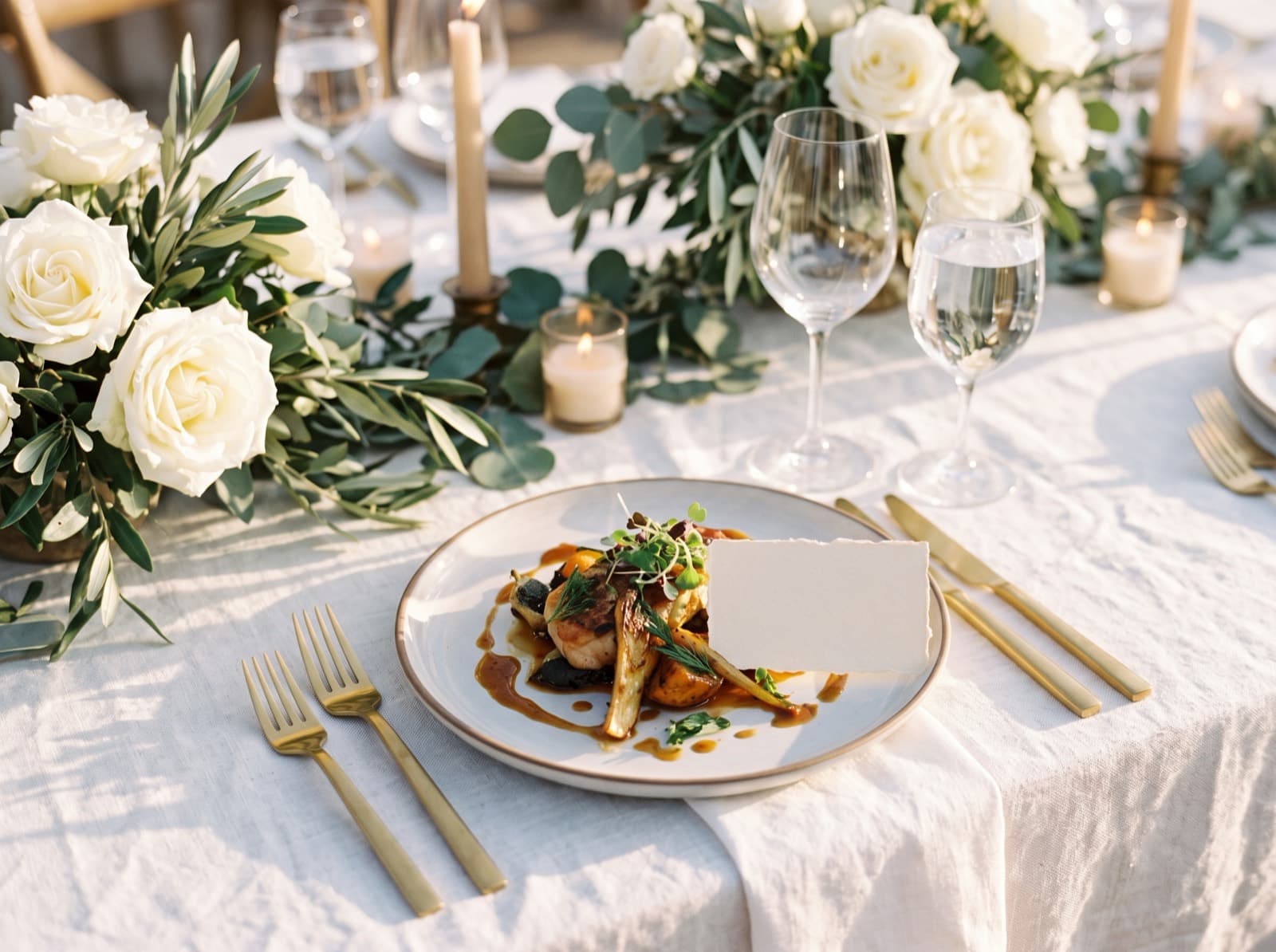 A plated dish next to a blank place card