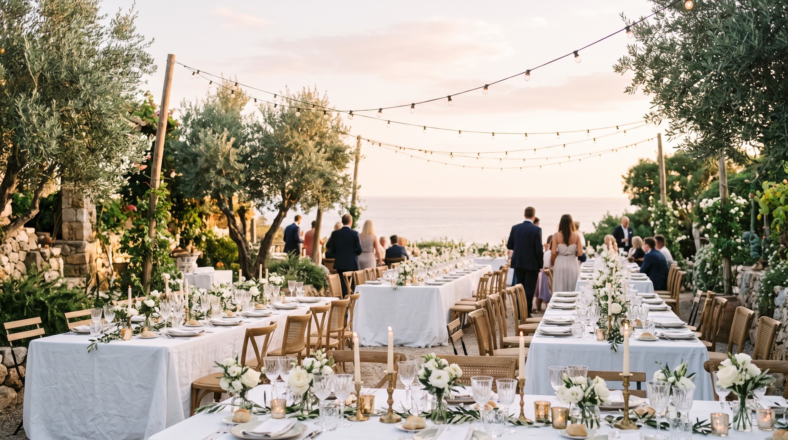 Wedding tables set by the sea at sunset under string lights